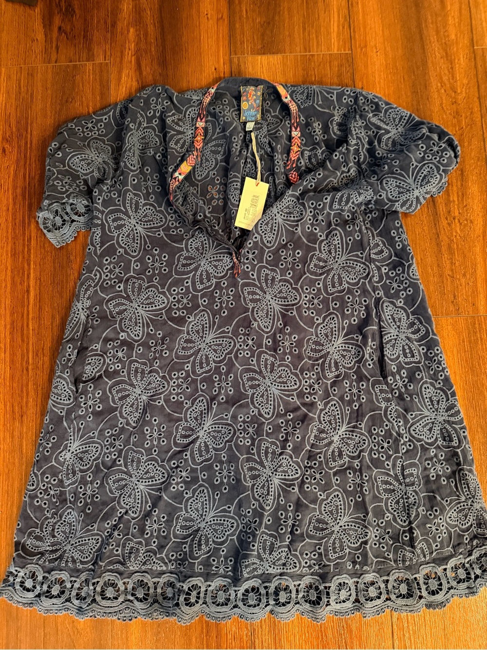 Johnny Was Navy Eyelet Embroidered Short Sleeve dress with blue slip